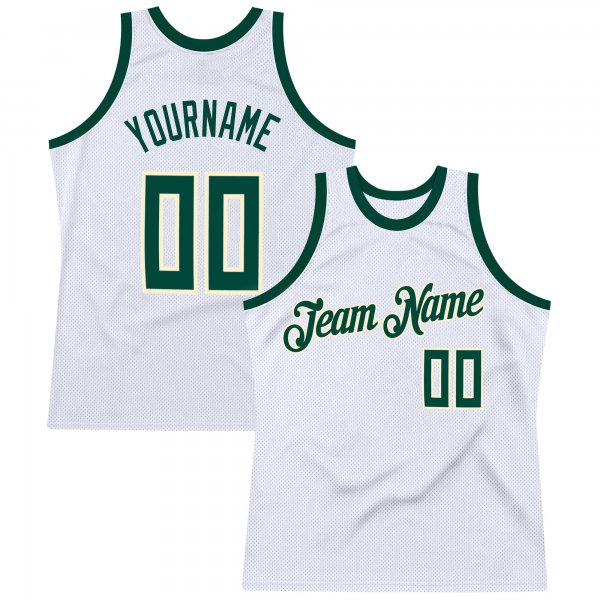 Men's Custom White Hunter Green-Cream Authentic Throwback Basketball Jersey