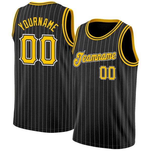 Men's Custom Black White Pinstripe Gold-White Authentic Basketball Jersey